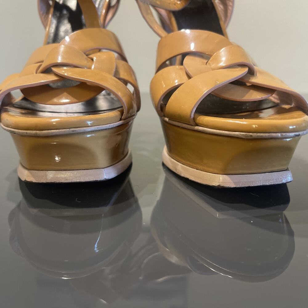 Yves Saint Laurent YSL Beige Patent Leather Tribute Platform Sandals Size 40.5 - Picture 9 of 14